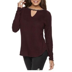 Jennifer Lopez JLO Cut Out Pull On Sweater Blinged XS Burgundy Purple Red Soft